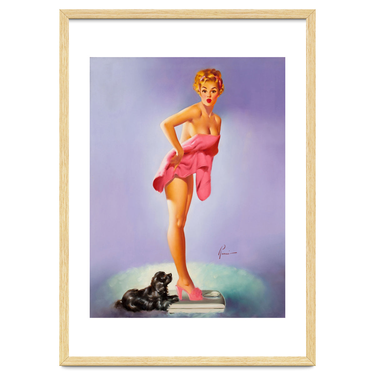 Pinup Girl On A Scale With Her Little Black Dog Behind