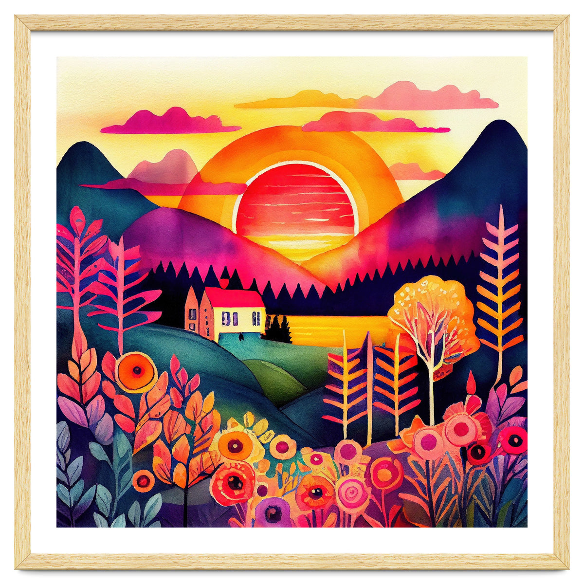 Folk Sunset Over Mountain Lake