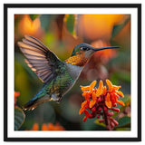 Hummingbird Hovering Near Orange Flowers thumbnail