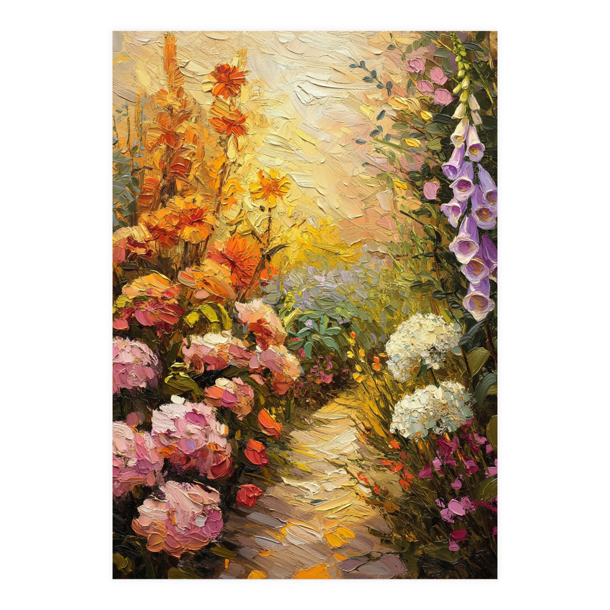 Golden Hour Summer Garden Path Oil Painting (Print Only)