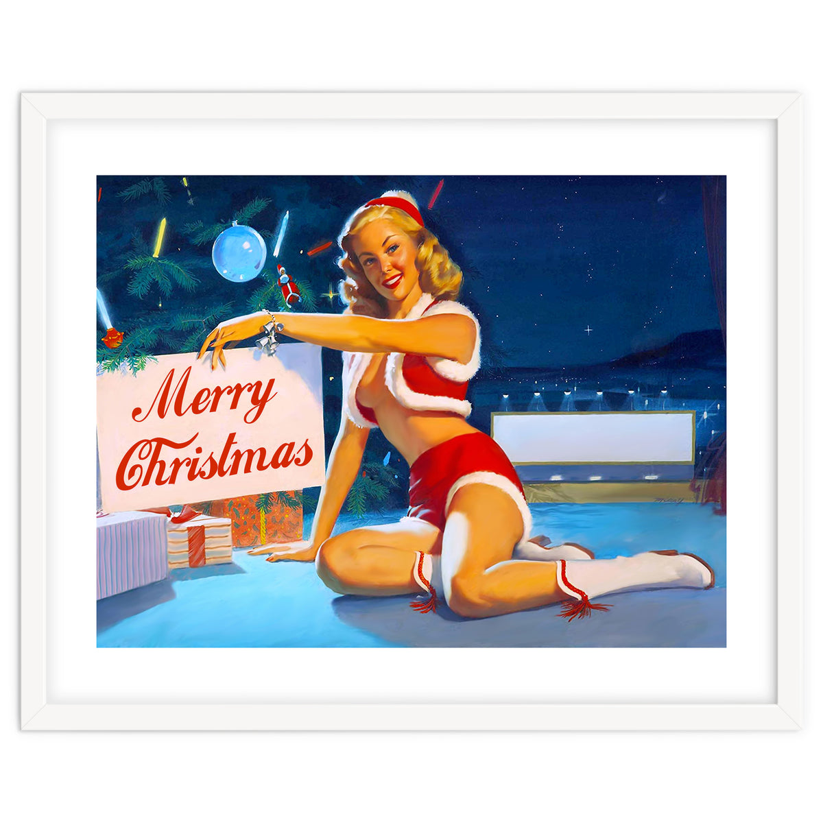 Pinup Girl In Santa Costume With Marry Christmas Sign