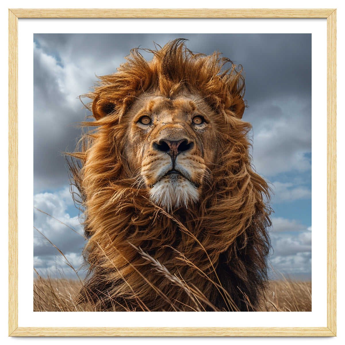Majestic Lion Portrait Windblown Mane Outdoors
