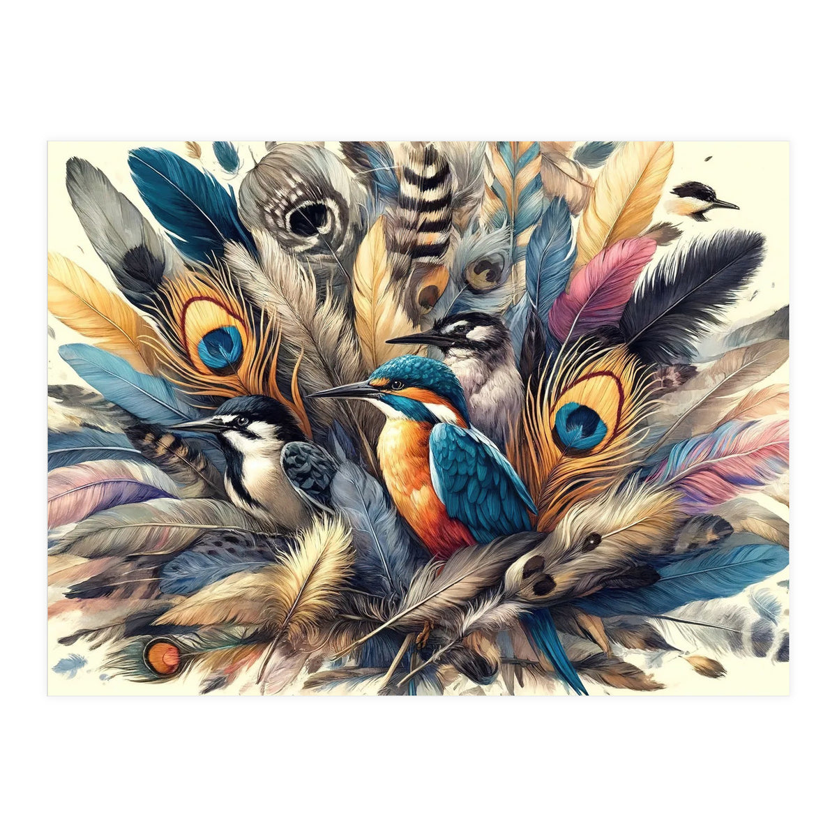Kingfisher And Songbirds In Peacock Feathers (Print Only)