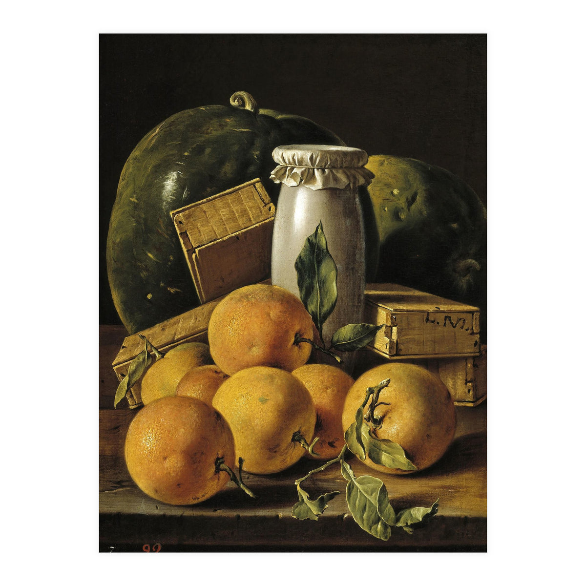 Luis Egidio Meléndez / 'Still Life of Oranges, Watermelon, a Pot, and Boxes of Cake', ca.  1760. (Print Only)