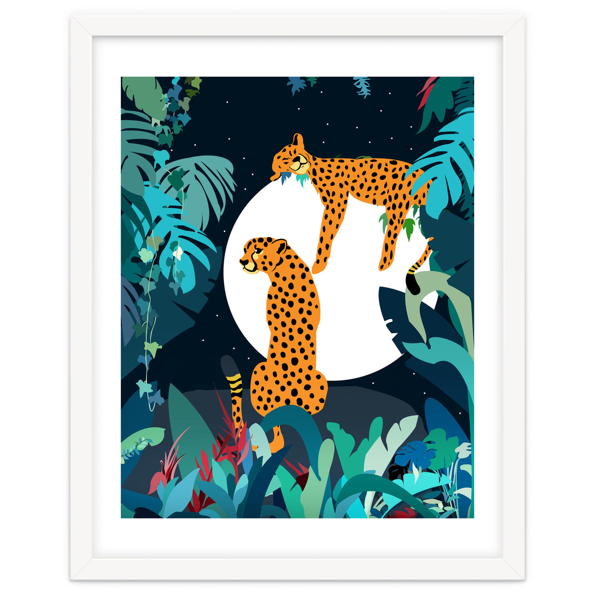 Over The Moon, Leopard In Love, Jungle Wildlife Tropical Tiger Botanical, Nature Cat Dark Animals