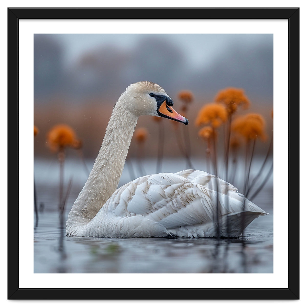 White Swan Swimming In A Lake With Reeds