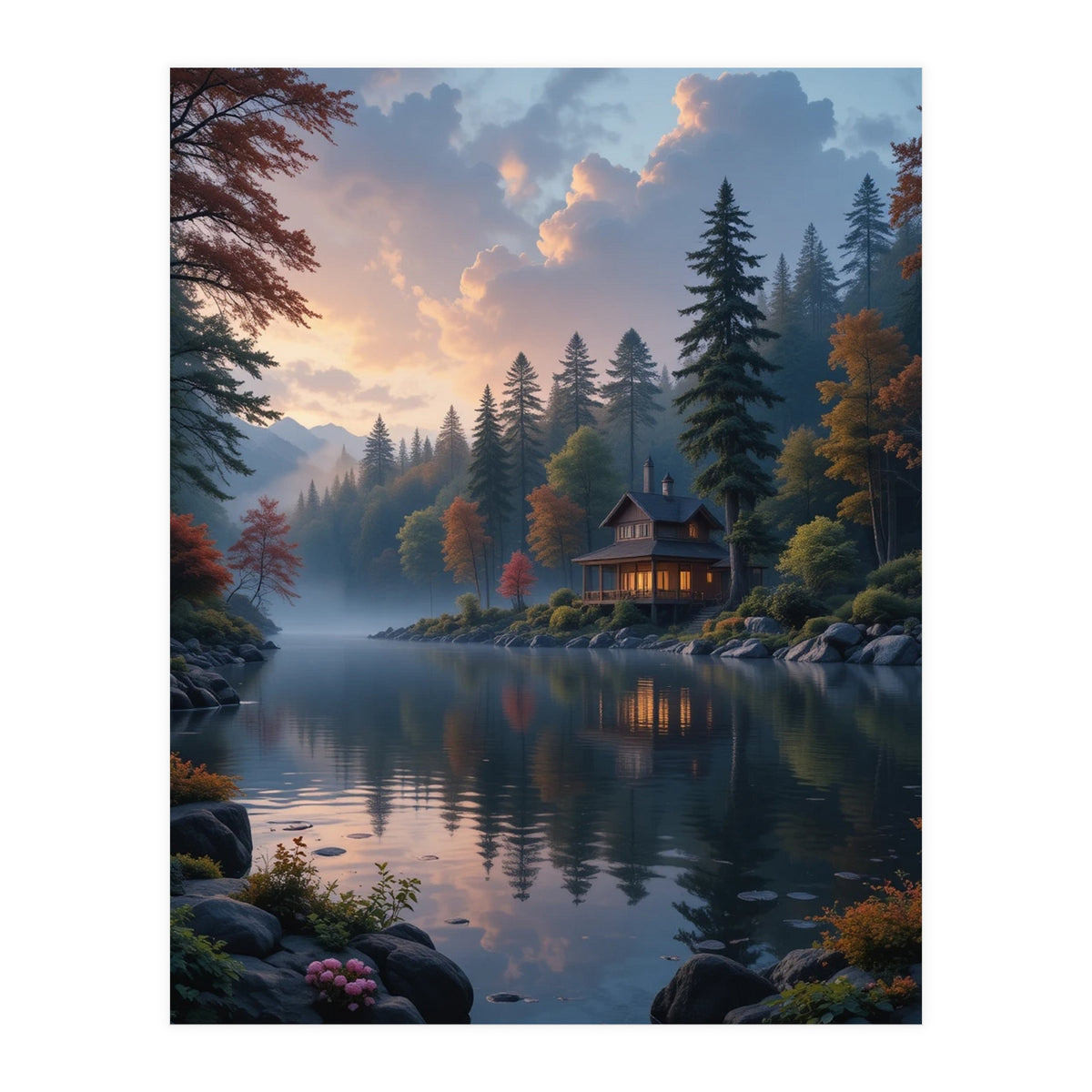 Serene Lakeside Retreat in Autumn Forest (Print Only)