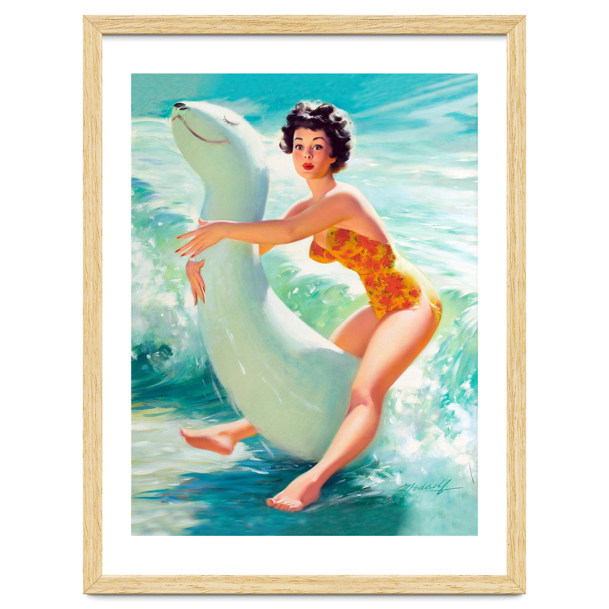 Happy Pinup Girl On The Beach Hugging Her Rubber Toy