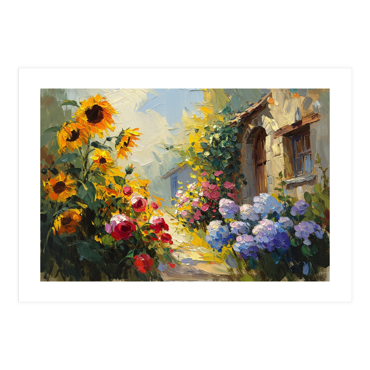 Vibrant Summer Cottage Garden Oil Painting (Print Only)