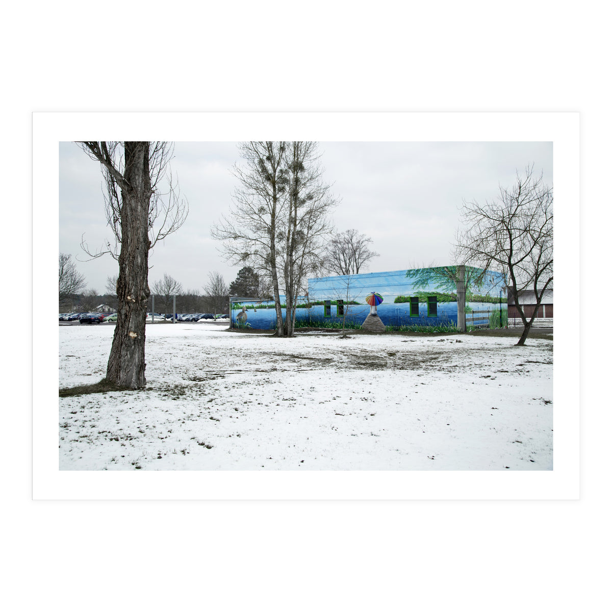 Colorful barn in the snowy ground landscape (Print Only)