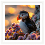 Puffin Bird Amidst Purple Flowers Golden Hour thumbnail