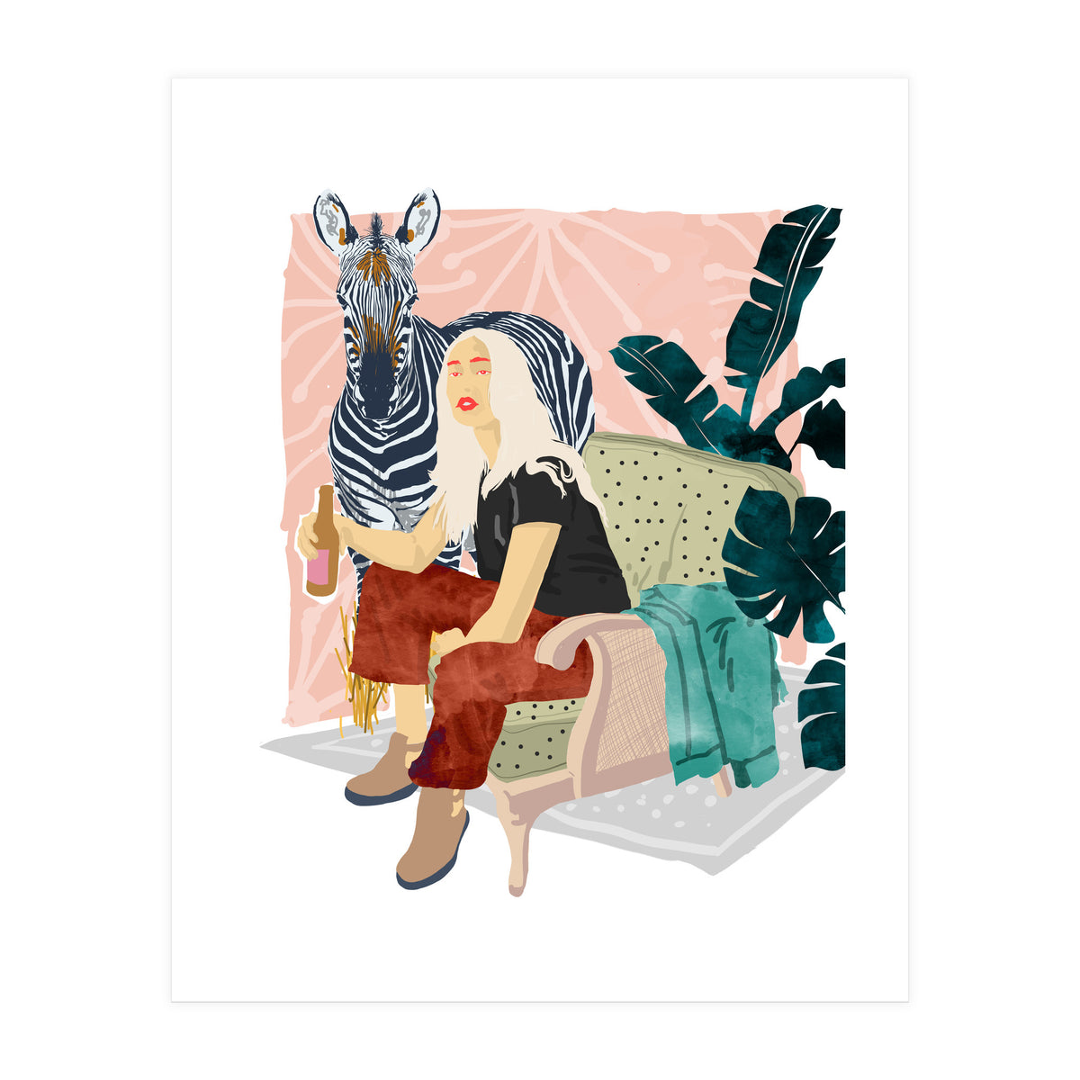 Zebra Hangout | Wildlife Urban Jungle Décor | Banana Leaves Monstera Plant Lady Fashion  (Print Only)