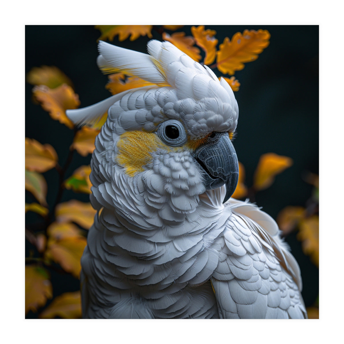 Yellow Crested Cockatoo Portrait Autumn Leaves Dark (Print Only)