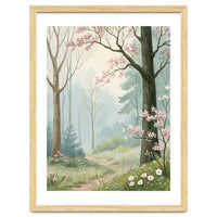 Enchanted Spring Woodland Path with Blooming Cherry Blossoms and Misty Pastel Forest Atmosphere