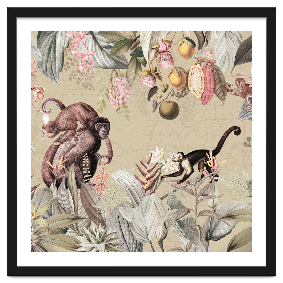 Vintage Exotic Monkeys In African Jungle Landscape
