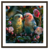 Two Lovebirds Perched On A Branch Near Flowers thumbnail