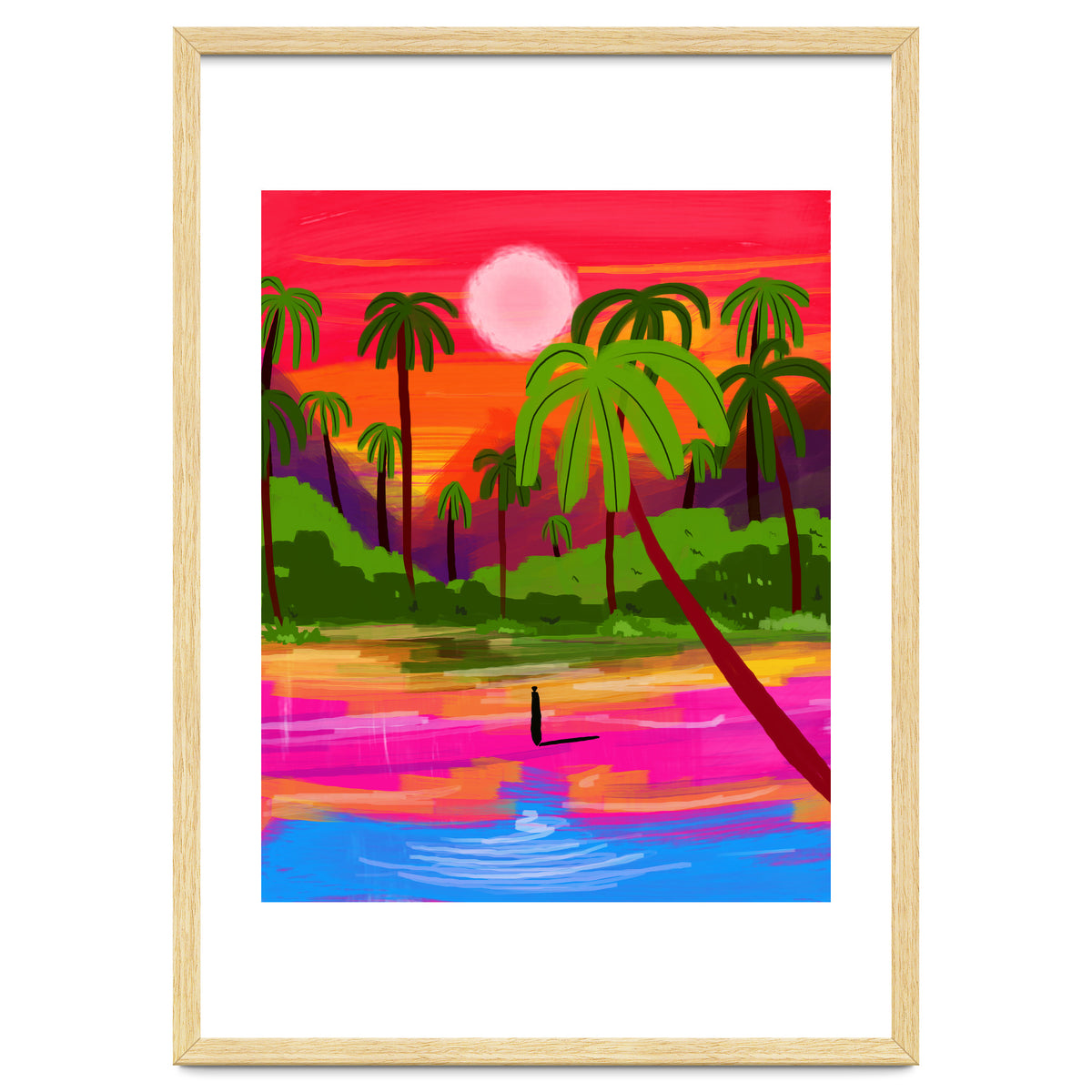 My Shadow & I, Sunset Painting Lake Beach Seashore, Tropical Nature Landscape Colorful Bohemian Traditional, Travel Concept Companion