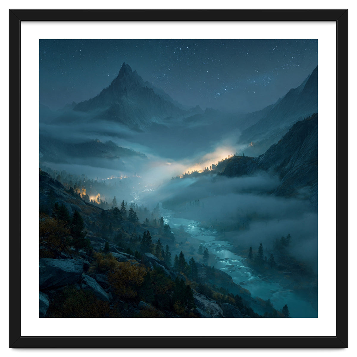 Moonlit Alpine Valley at Night with Shimmering River