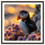 Puffin Bird Amidst Purple Flowers Golden Hour thumbnail
