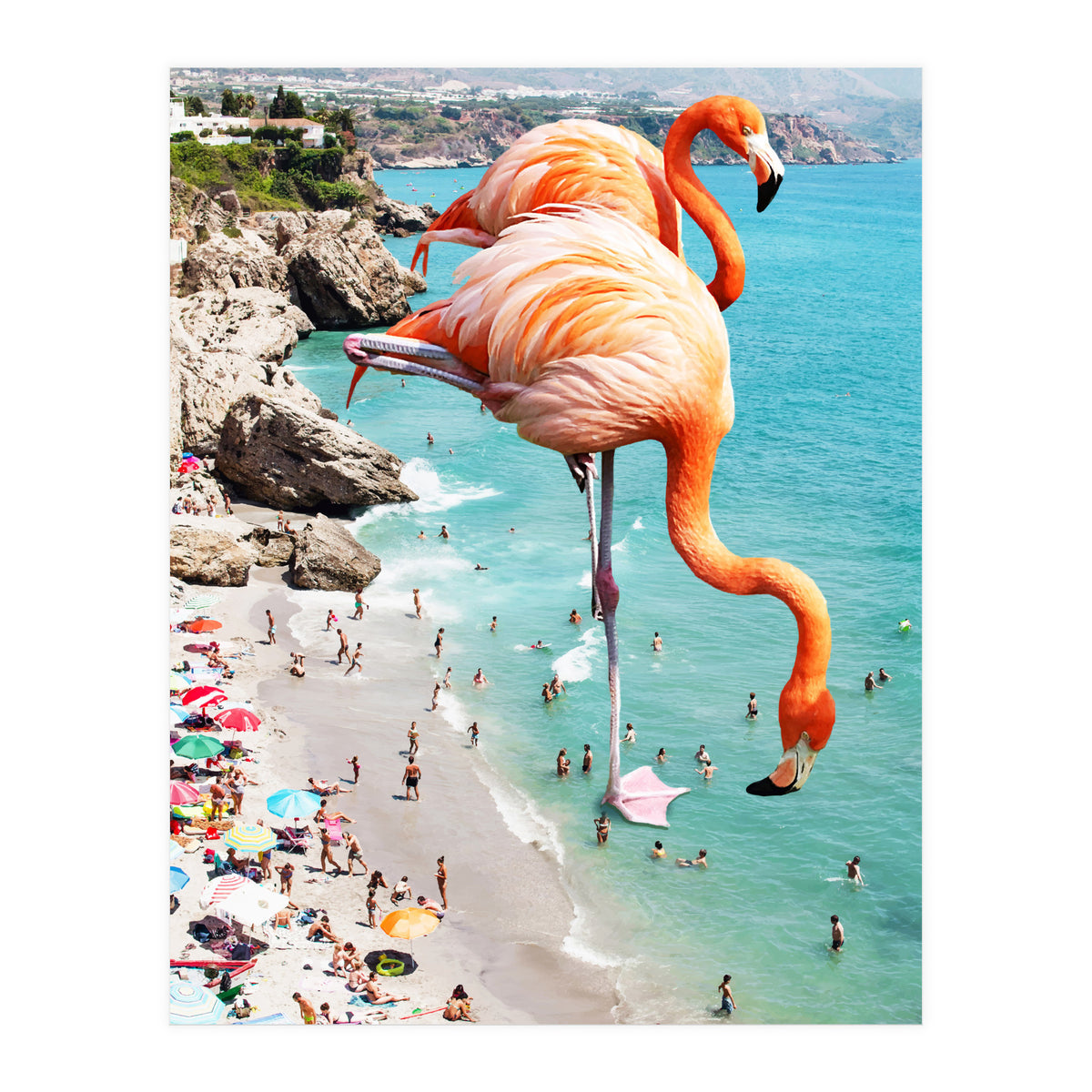 Flamingos on the Beach, Wildlife Surrealism Birds, Nature Flamingo Fantasy Beach Summer Photography (Print Only)