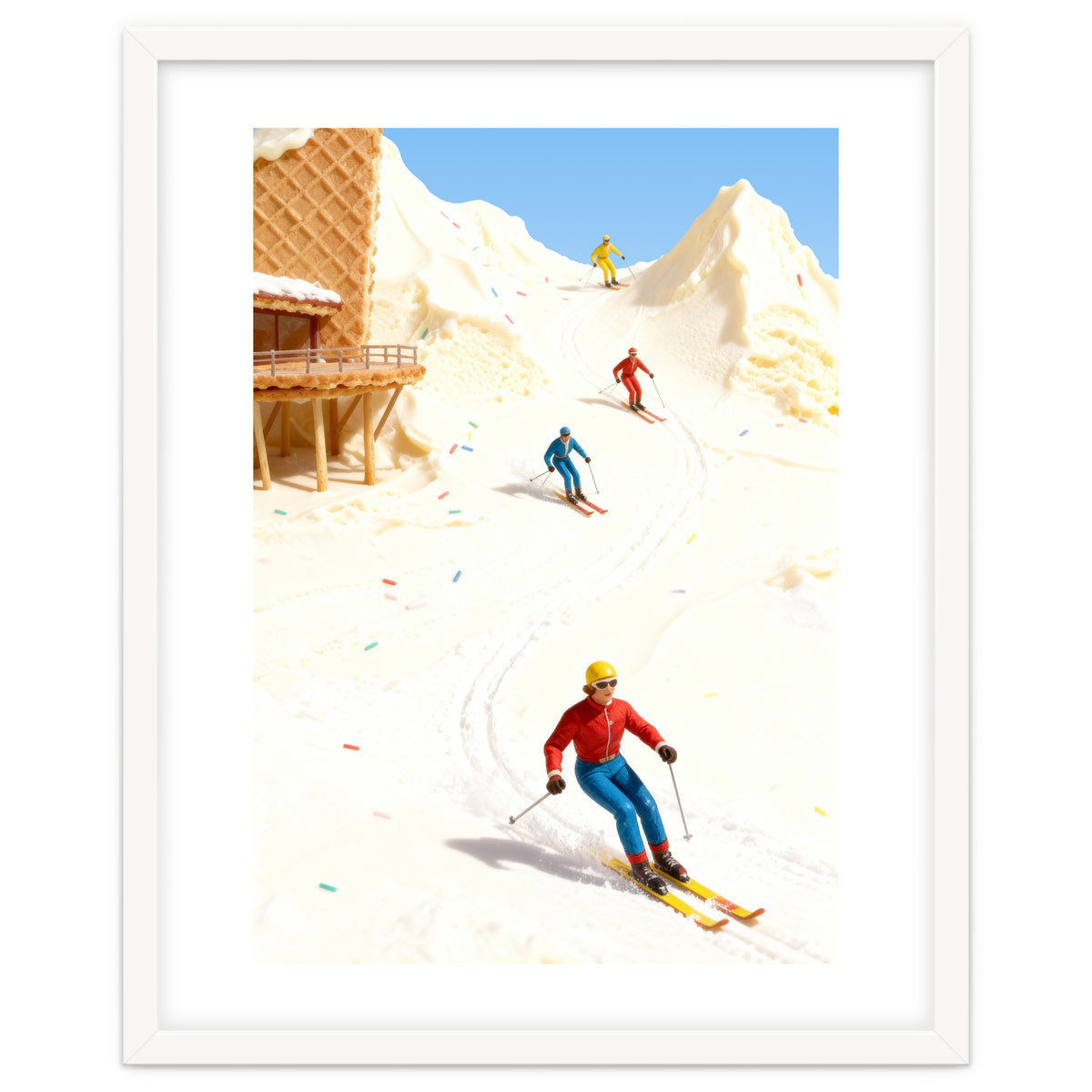 Skiing on Ice Cream Mountains, Miniature Skiers Winter Art Print for Kitchen Decor