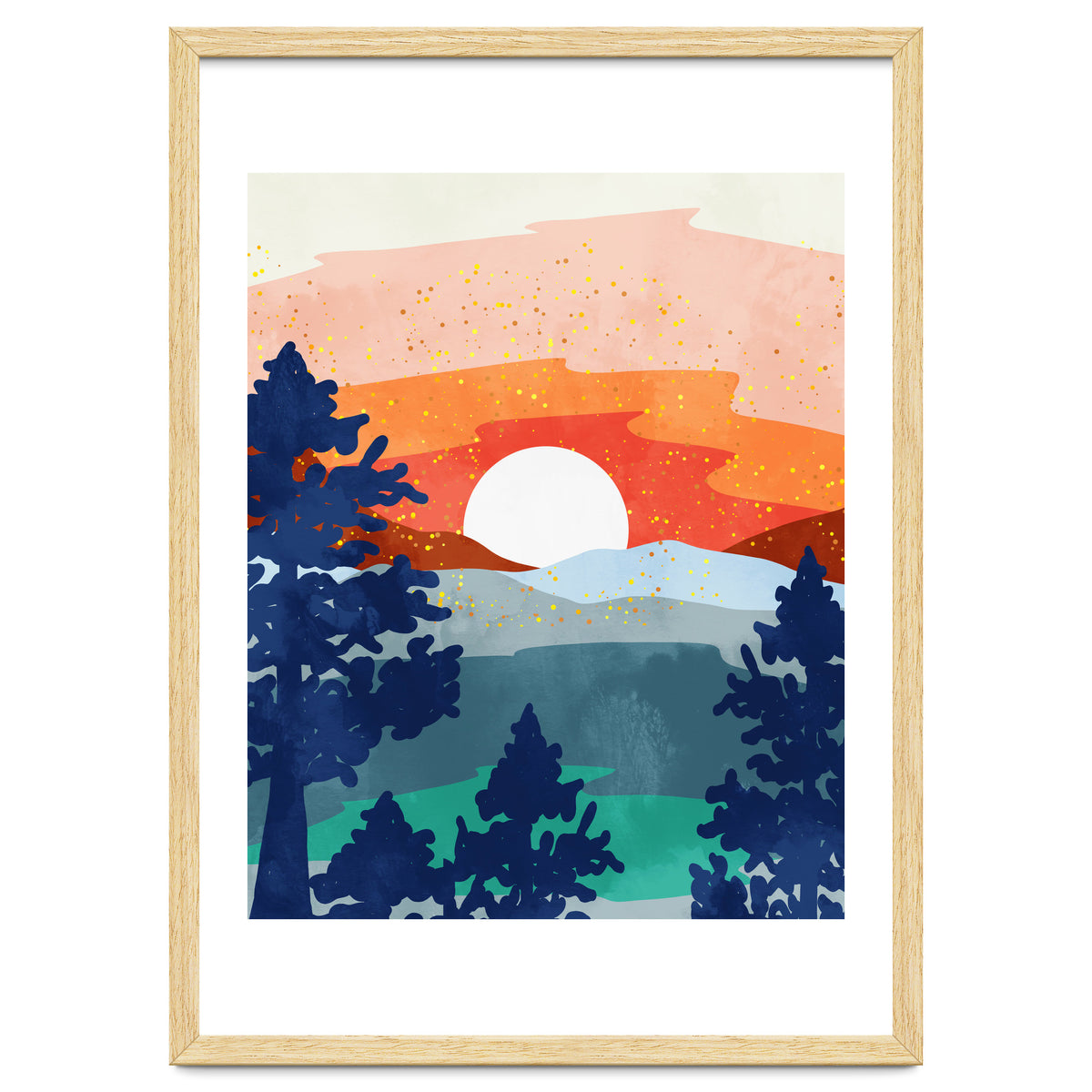 A Magical Sunset, Landscape Nature Illustration, Minimal Bohemian Painting, Mountains Adventure Travel