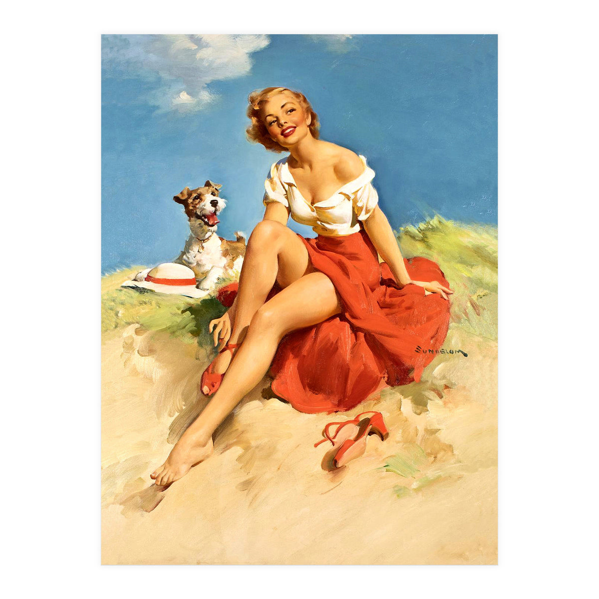 Sexy Pinup Girl On The Beach With Her Dog (Print Only)