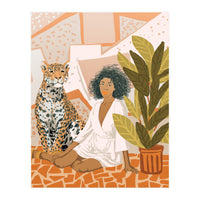 House Guest | Modern Bohemian Black Woman | Urban Jungle Decor | Wild Cat Leopard Pet | Plant Lady (Print Only)