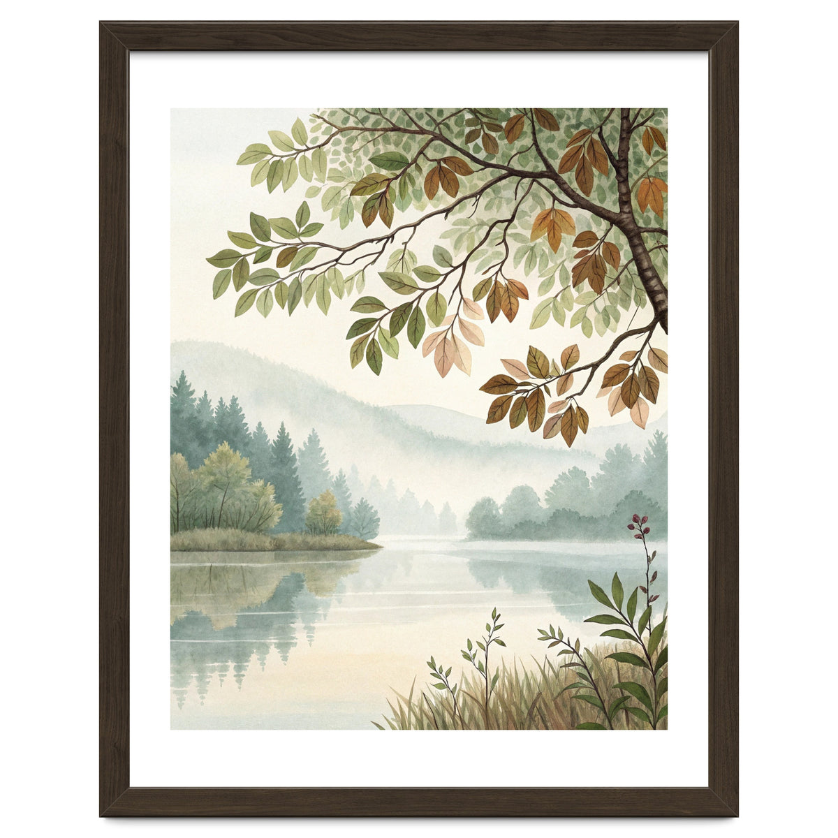 Tranquil Lakeside Forest Watercolor Painting with Overhanging Autumn Branches and Misty Mountain Reflection