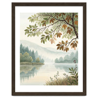 Tranquil Lakeside Forest Watercolor Painting with Overhanging Autumn Branches and Misty Mountain Reflection