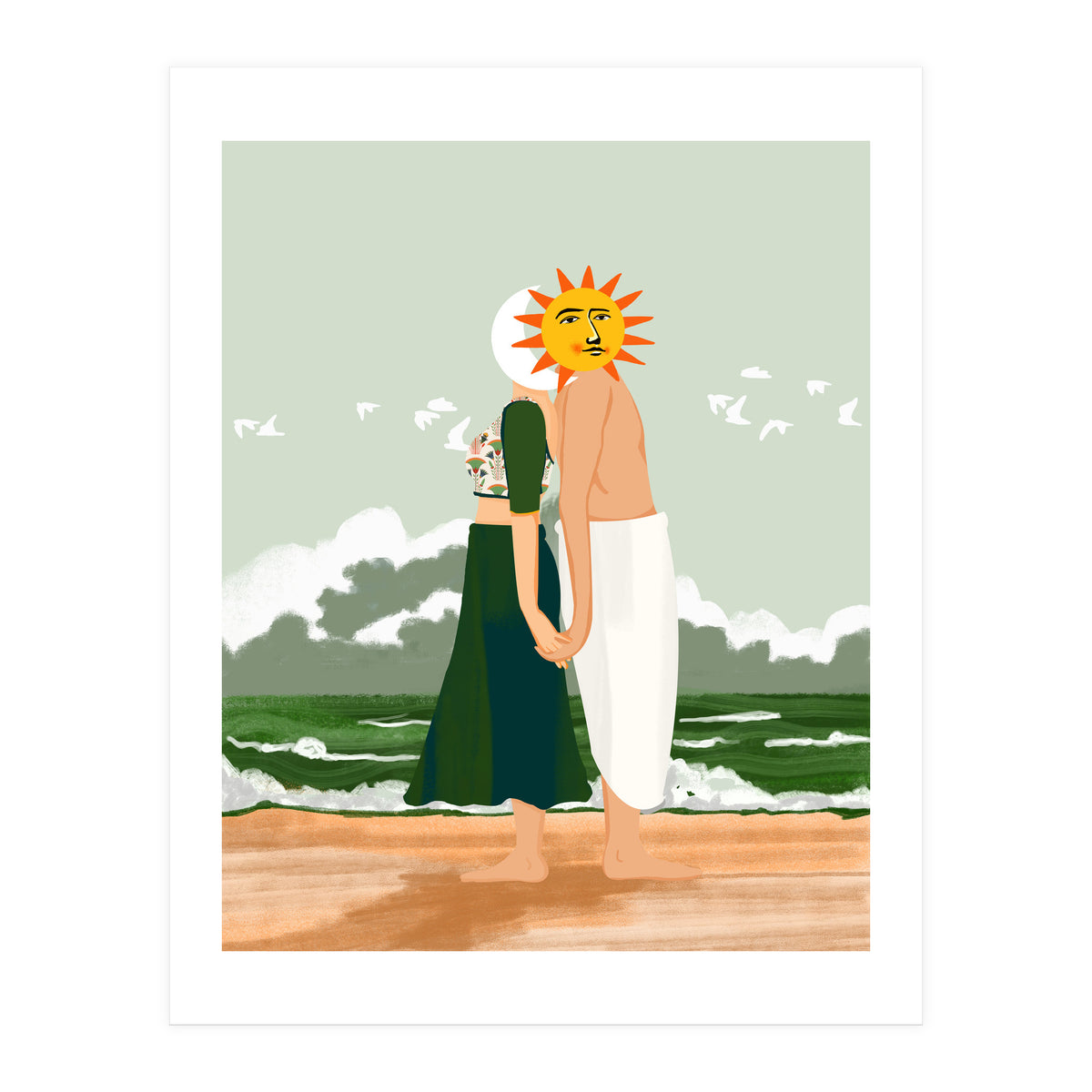 Celestial Union, Sun & Moon Love Couple, Ocean Sea Beach Landscape Nature, Summer Bohemian People (Print Only)