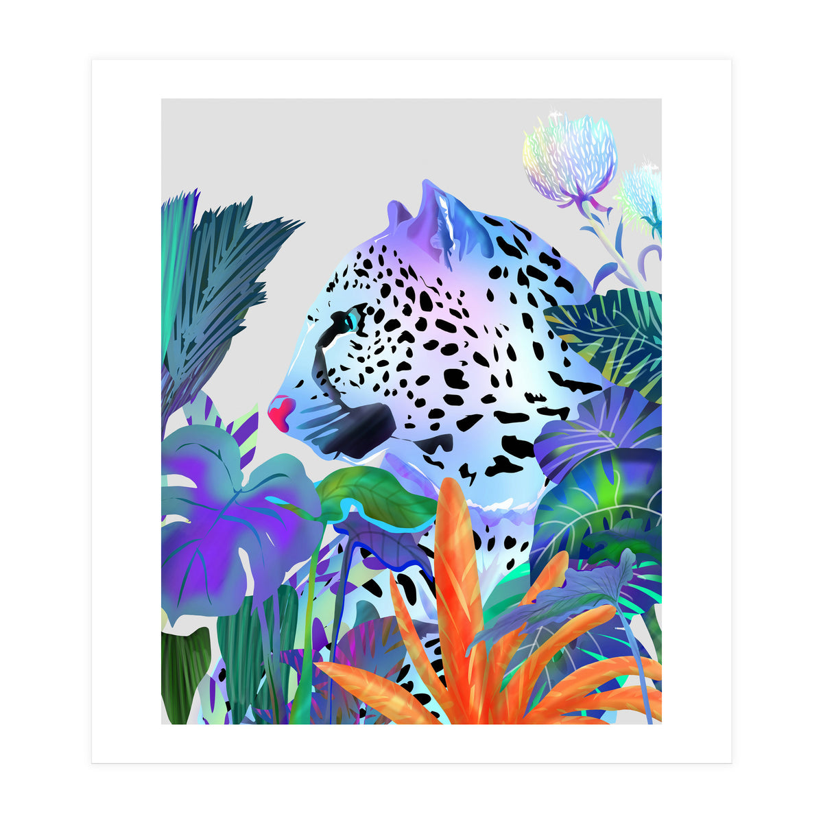 Holographic Leopard, Tropical Jungle Eclectic Nature, Colorful Botanical Wildlife, Boho Contemporary Animals, Tiger Cheetah Cat Maximalism (Print Only)