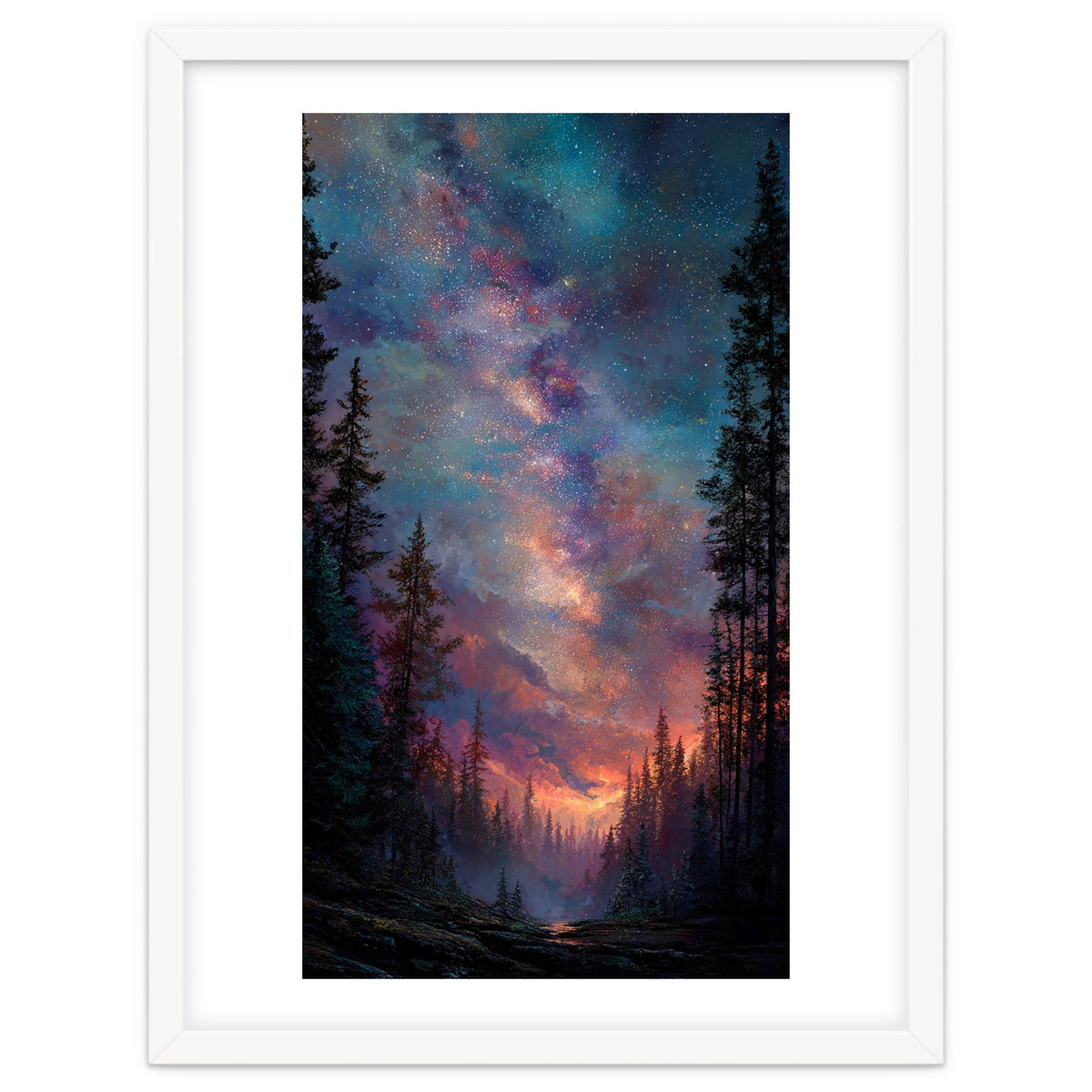 Magical Milky Way Night Sky over Pine Forest Silhouette Art