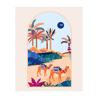 The Arabian Desert, Nature Landscape Travel Illustration, Camels Eclectic Sand Dunes Dubai Palm, Sahara Middle East Hot Summer Animals Bohemian (Print Only)