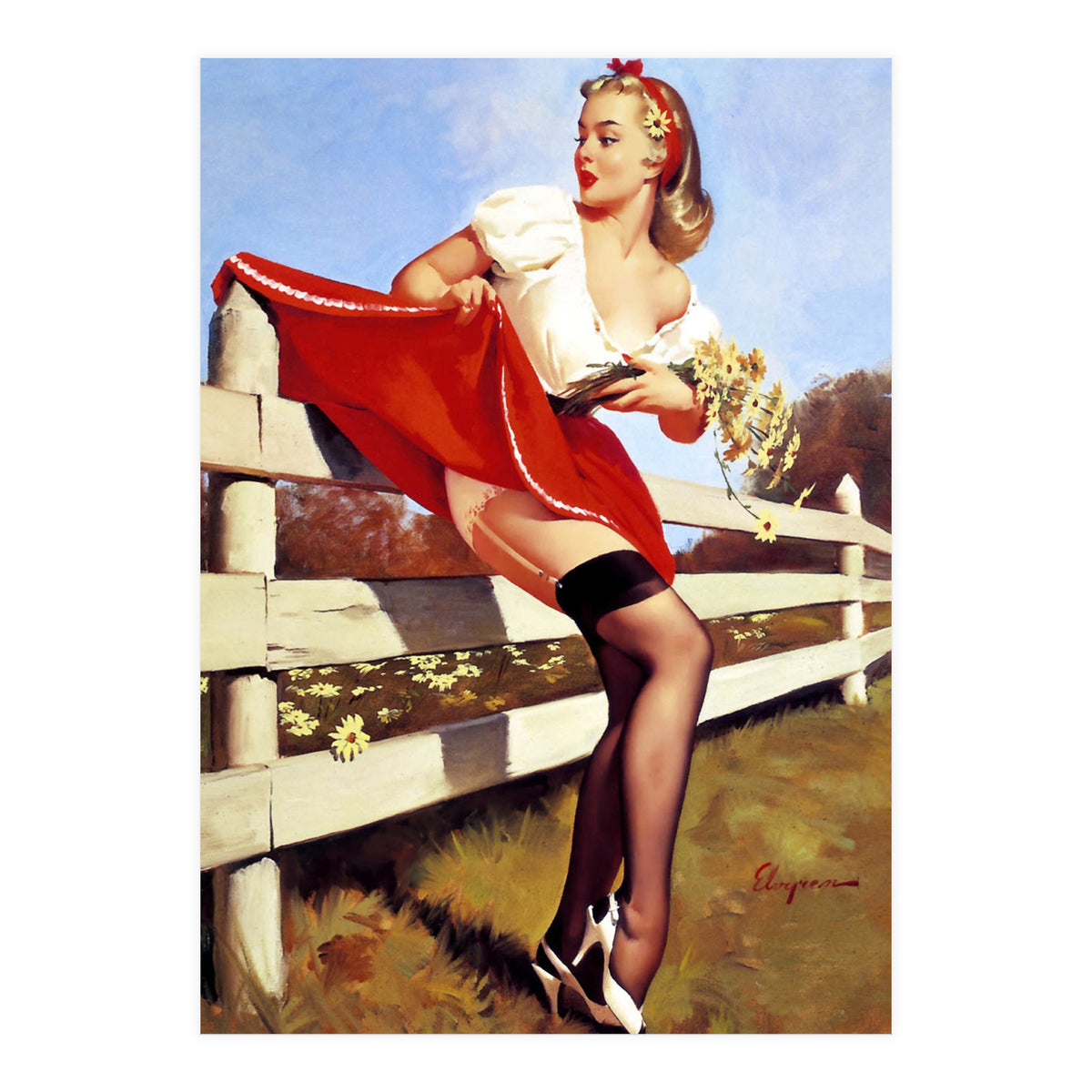 Pinup Girl Stacked On The Farm Fance (Print Only)