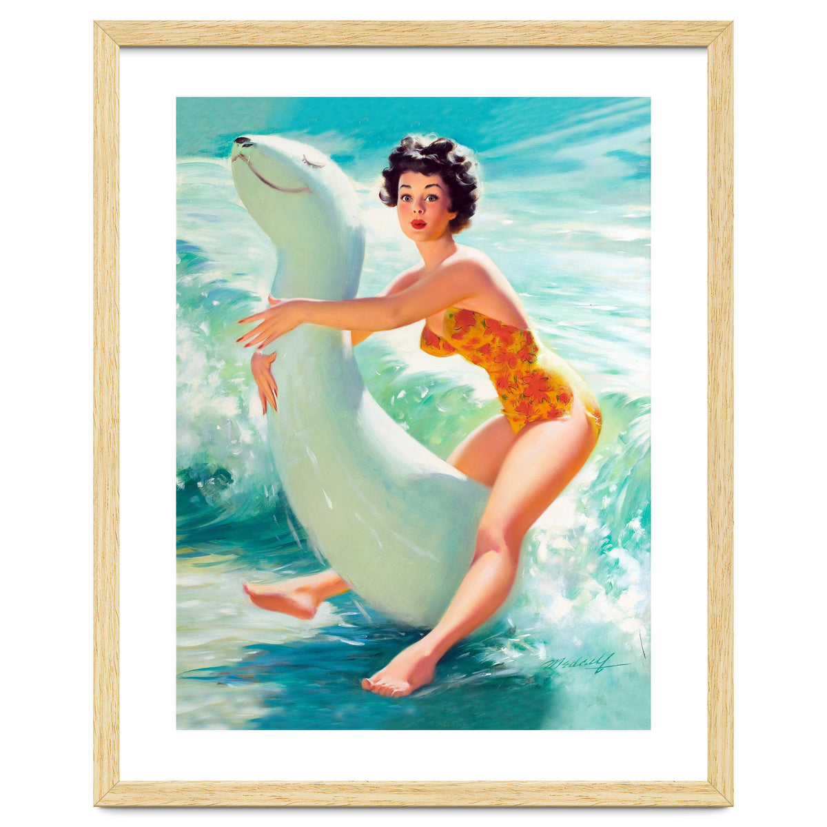 Happy Pinup Girl On The Beach Hugging Her Rubber Toy