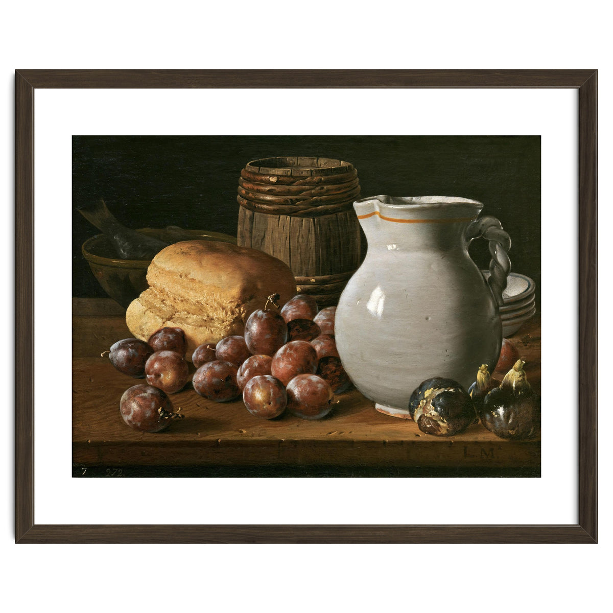 Luis Egidio Meléndez / 'Still Life with Plums, Figs, Bread and Fish', 18th century, Spanish School.