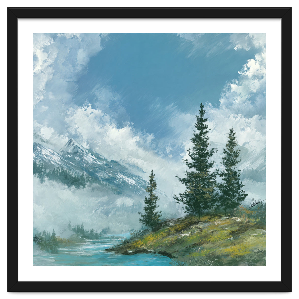 Ethereal Alpine River Valley with Snow-Capped Mountains