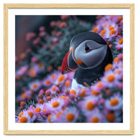 Puffin Bird Among Pink Flowers