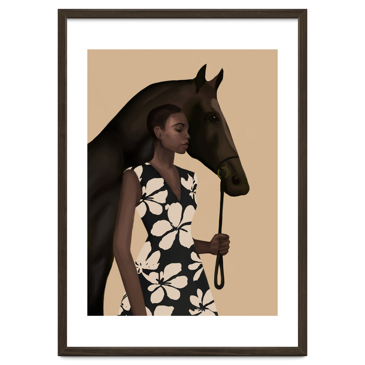 Woman In Bold Print With Black Horse