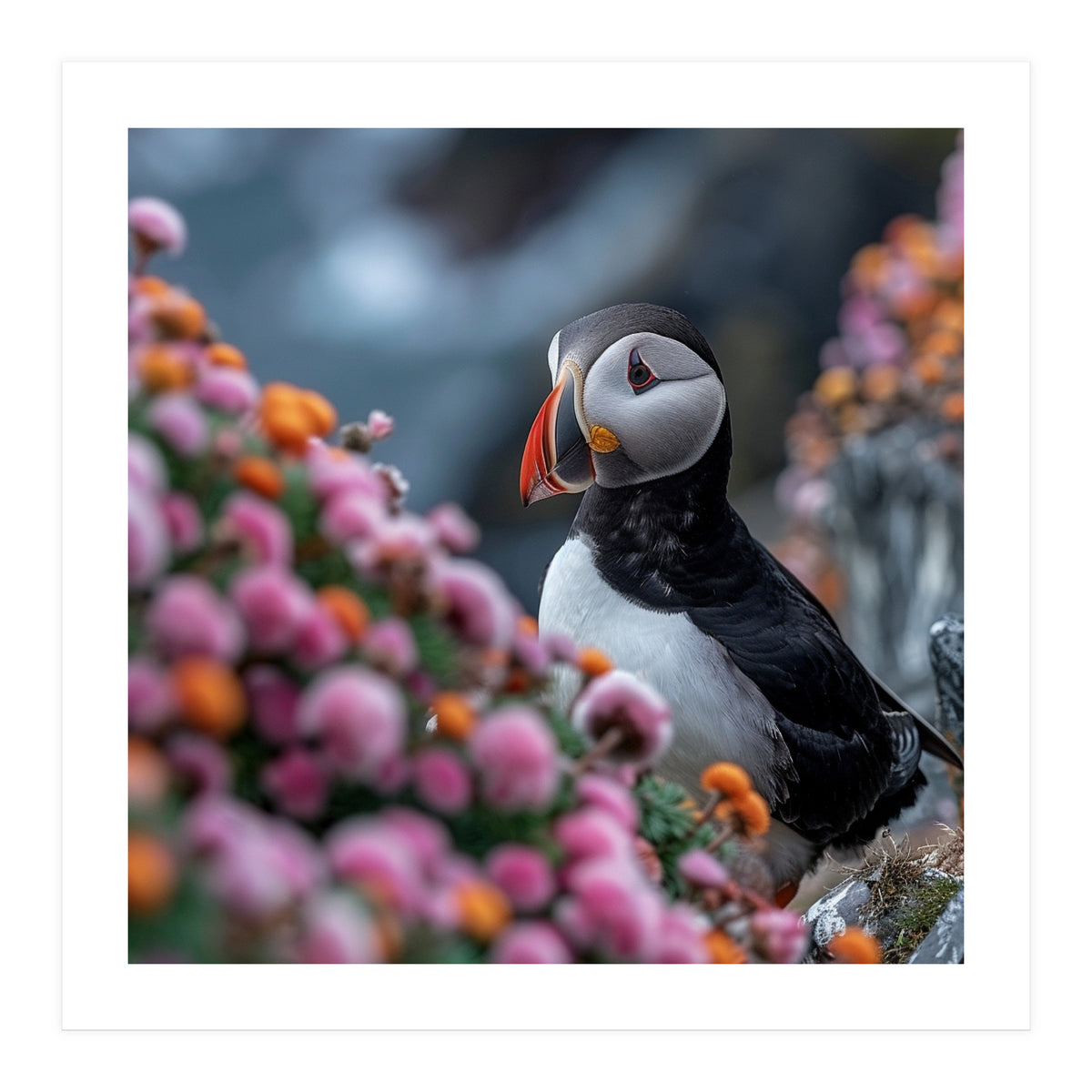 Puffin Bird Among Colorful Wildflowers In Bloom (Print Only)