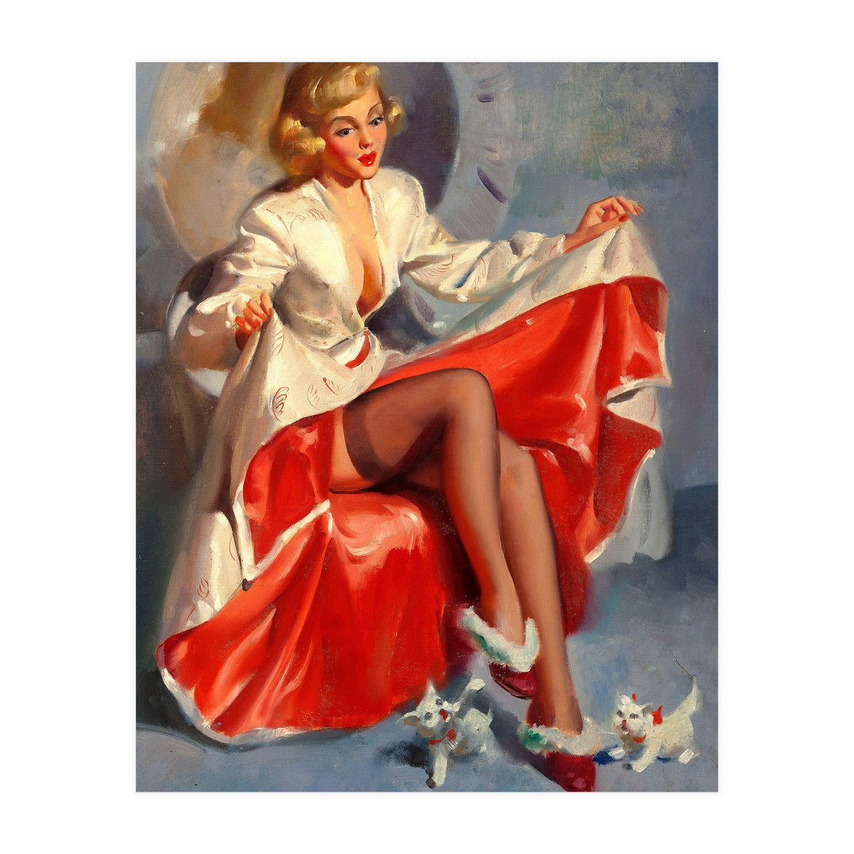 Pinup Girl Playing With Two Little Cats (Print Only)