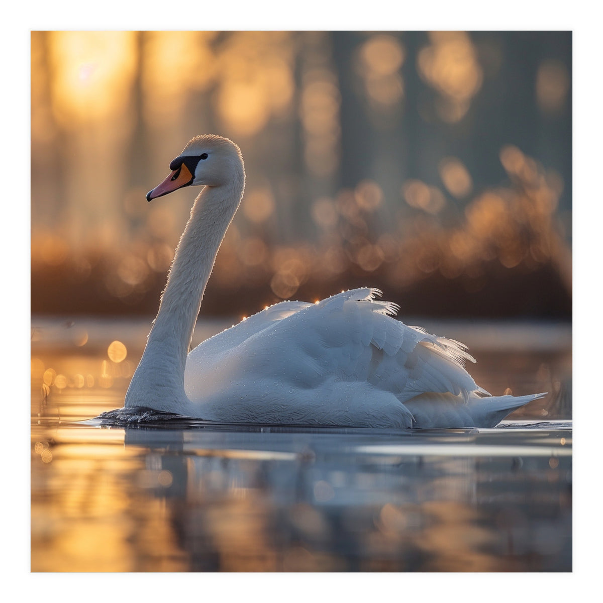 Majestic Swan Gliding On Water At Sunset (Print Only)
