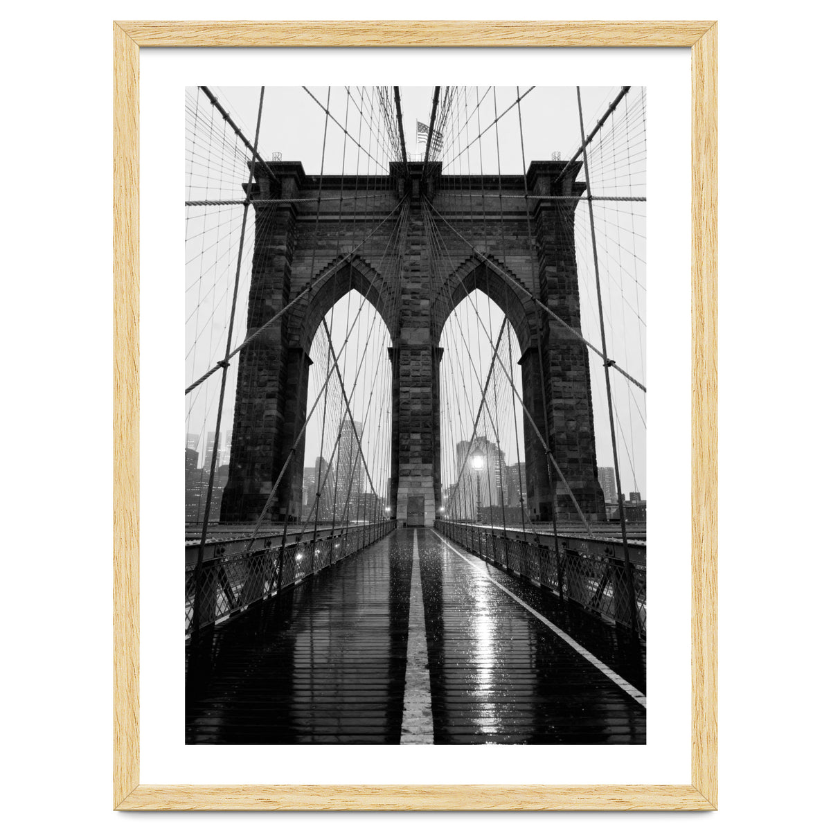 Brooklyn Bridge Black and White, Moody NYC Architecture, Rainy Urban Photography