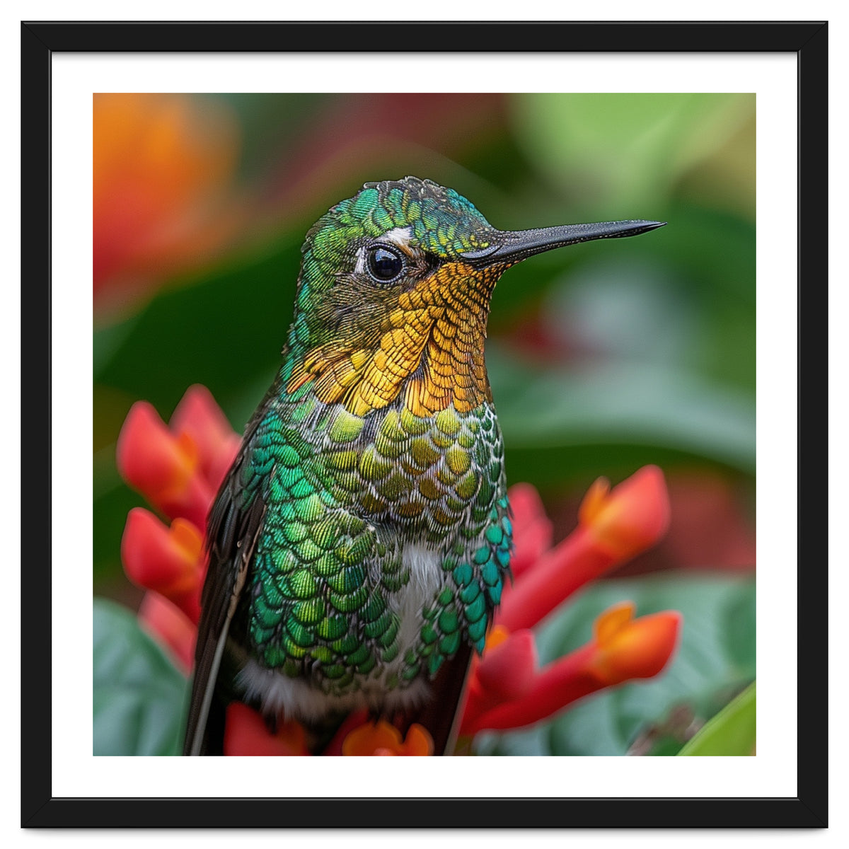Close Up Of A Hummingbird On Red Flowers