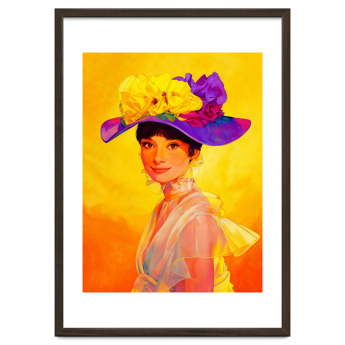 Audrey Hepburn Pop Art, Vibrant Floral Hat Portrait, Iconic Movie Star Illustration