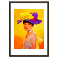 Audrey Hepburn Pop Art, Vibrant Floral Hat Portrait, Iconic Movie Star Illustration