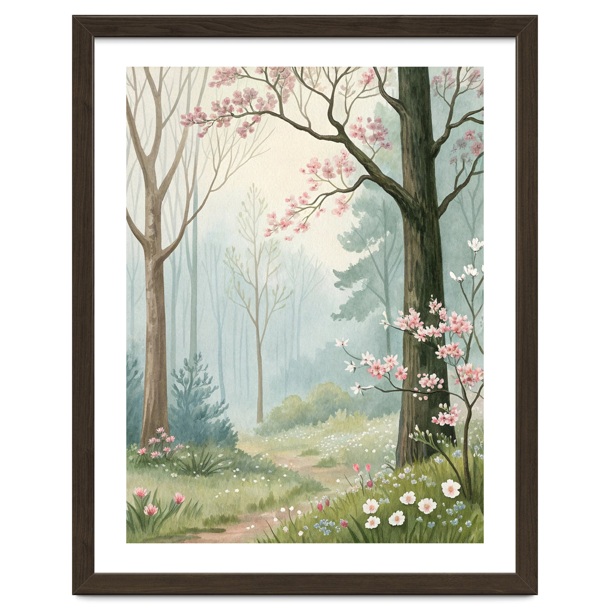 Enchanted Spring Woodland Path with Blooming Cherry Blossoms and Misty Pastel Forest Atmosphere
