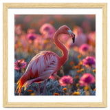 Pink Flamingo Standing In A Field Of Flowers thumbnail