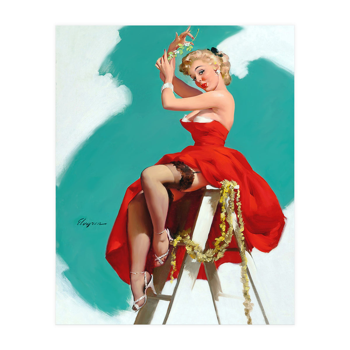 Sexy Pinup Girl In Red Dress Posing On a Ladder (Print Only)